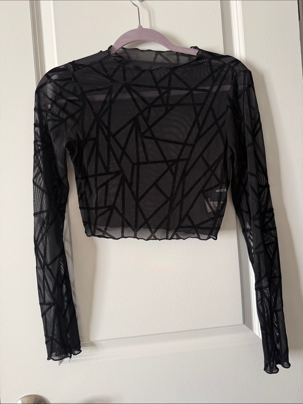 Black Sheer Geometric Mesh Long-Sleeve Crop Top
